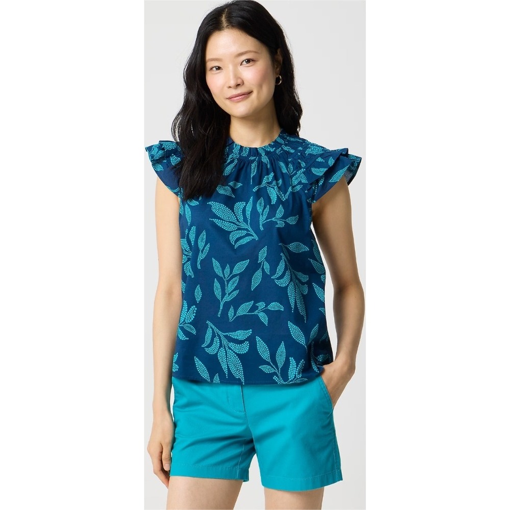 J. Crew‎ Medium Blue Leaf Print Ruffle Sleeve Top Blouse Casual NWOT $80